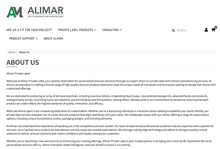 About Us page for Alimar Private Label showcasing their services in personalized skincare solutions.
